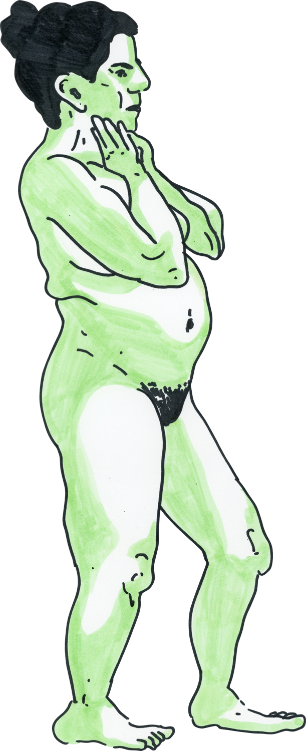Drawing of a nude woman standing with hands on face done with green Stabilo pastel highlighter and Sharpie on Bristol paper.