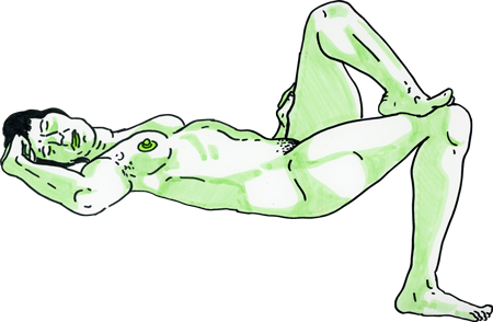 Drawing of a nude woman reclining done with green Stabilo pastel highlighter, Sharpie, and neon green accents on Bristol paper.