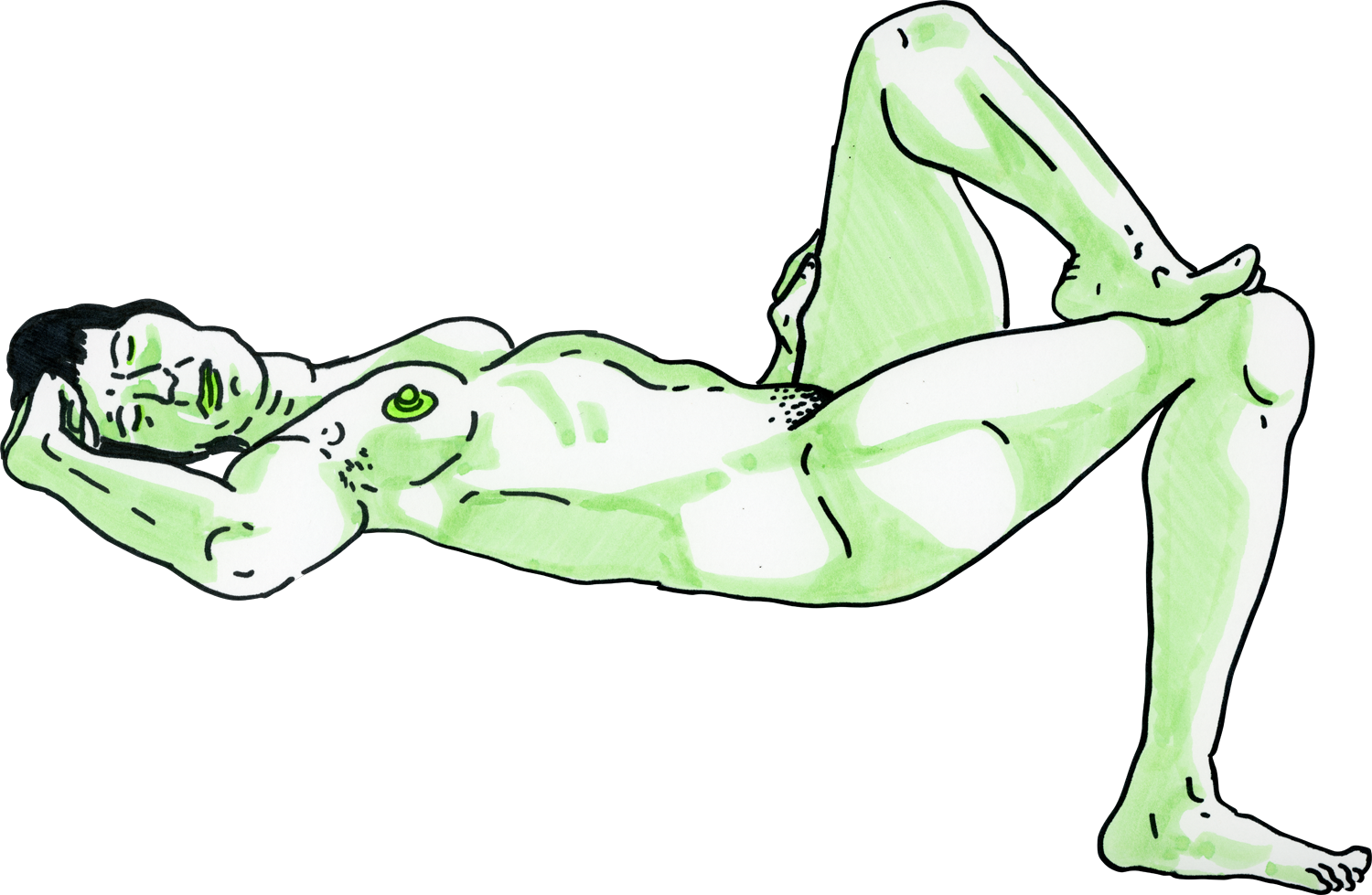 Drawing of a nude woman reclining done with green Stabilo pastel highlighter, Sharpie, and neon green accents on Bristol paper.