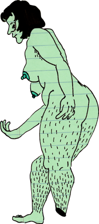 Drawing of a nude woman with body hair standing with outstretched hand, done on lined green paper with Sharpie and neon teal accents.