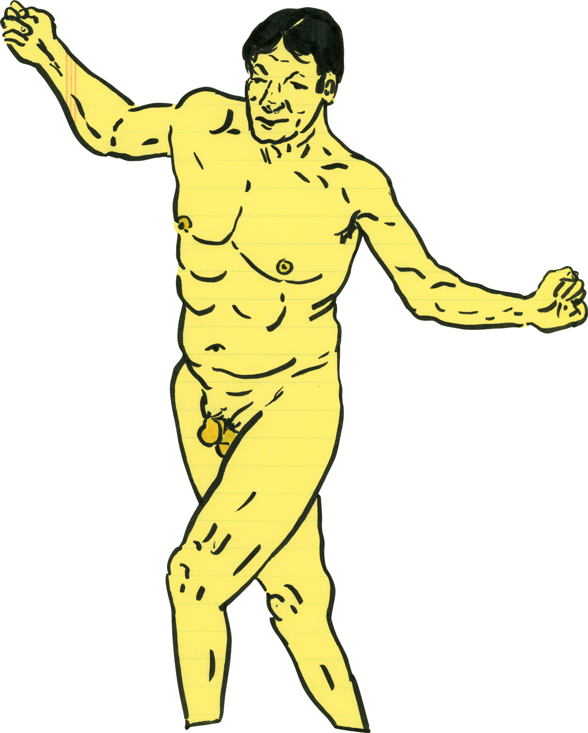 Drawing of a nude man standing with stretched out arms, done with Sharpie on light yellow paper, with darker yellow accents.