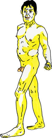 Drawing of a nude man standing with clenched fist, done with yellow Stabilo highlighter and Sharpie, and neon orange accents.