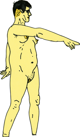 Drawing of a nude woman standing and pointing, done with Sharpie on light yellow paper, with darker yellow accents.