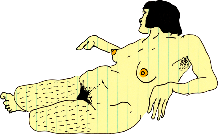Drawing of a nude woman reclining, with bountiful pubic and leg hair, done with Sharpie on light yellow paper.