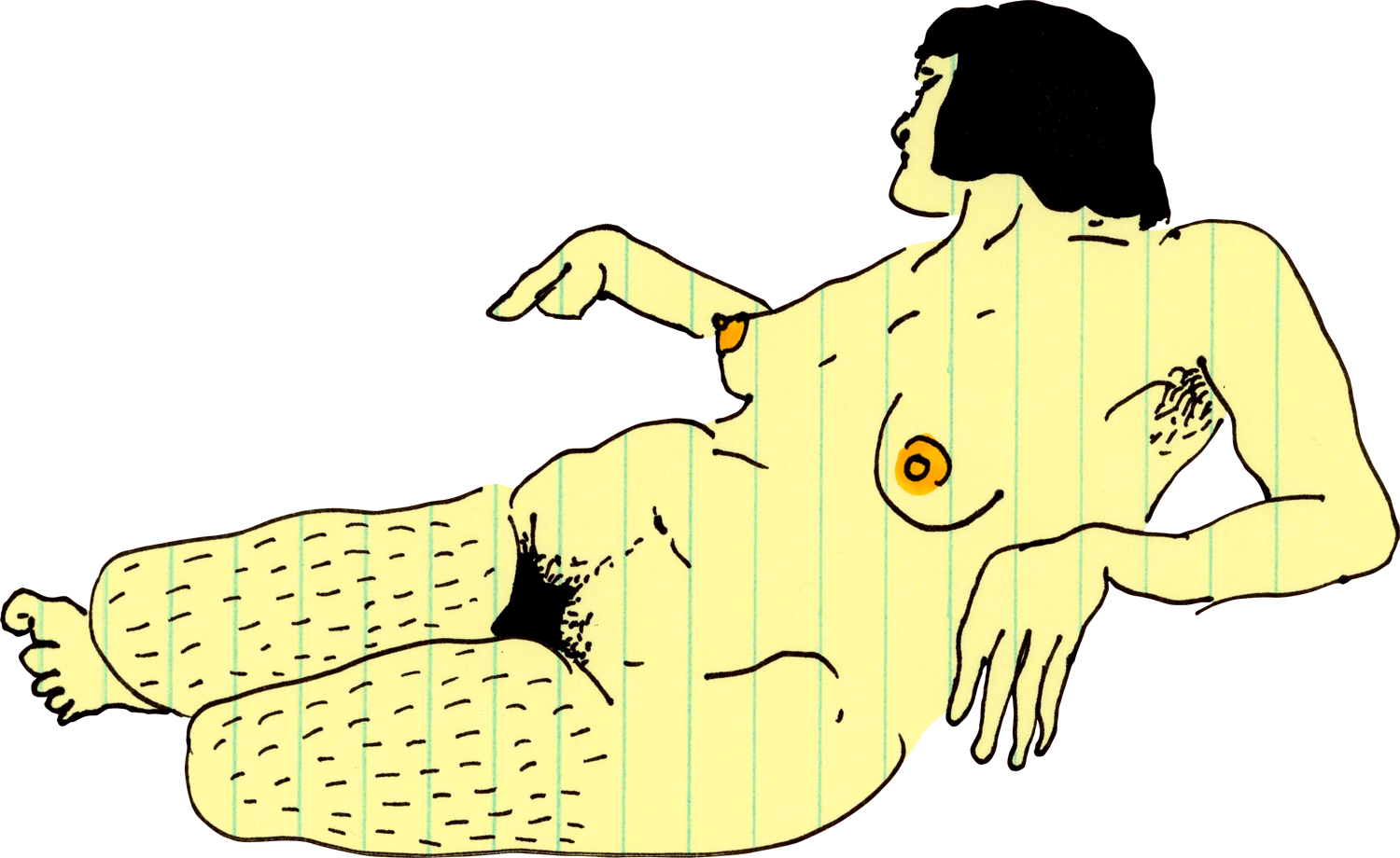 Drawing of a nude woman reclining, with bountiful pubic and leg hair, done with Sharpie on light yellow paper.