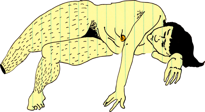 Drawing of a nude woman reclining, with bountiful pubic and leg hair, done with Sharpie on light yellow paper.