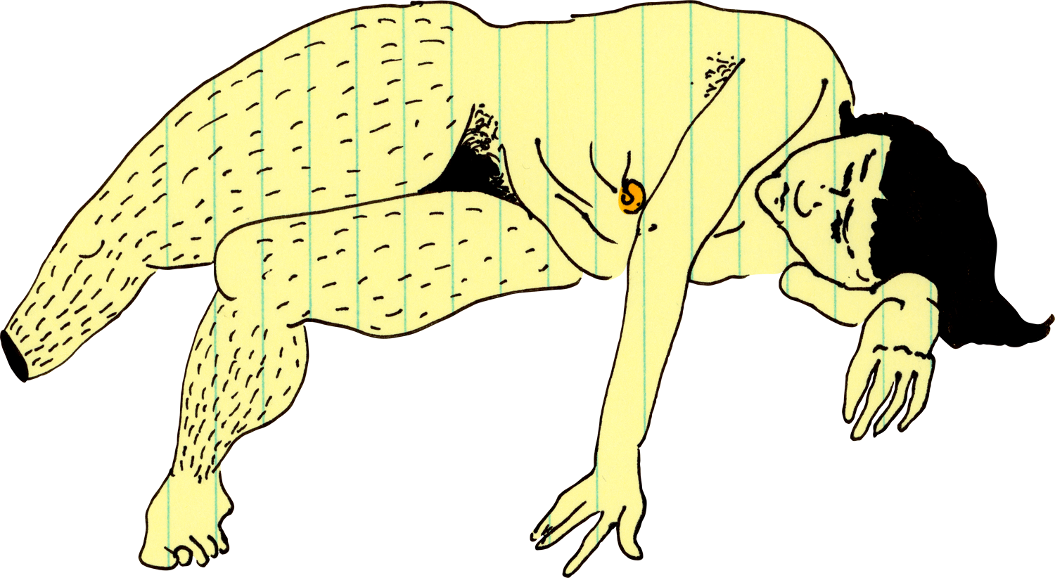 Drawing of a nude woman reclining, with bountiful pubic and leg hair, done with Sharpie on light yellow paper.