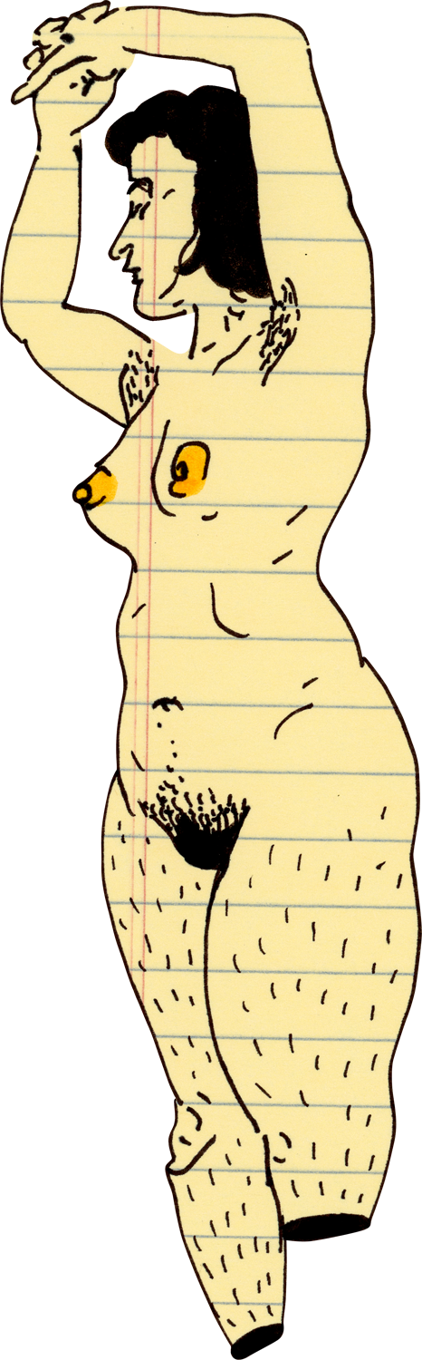 Drawing of a nude woman with arms above head and bountiful pubic hair, done with Sharpie on light yellow paper.
